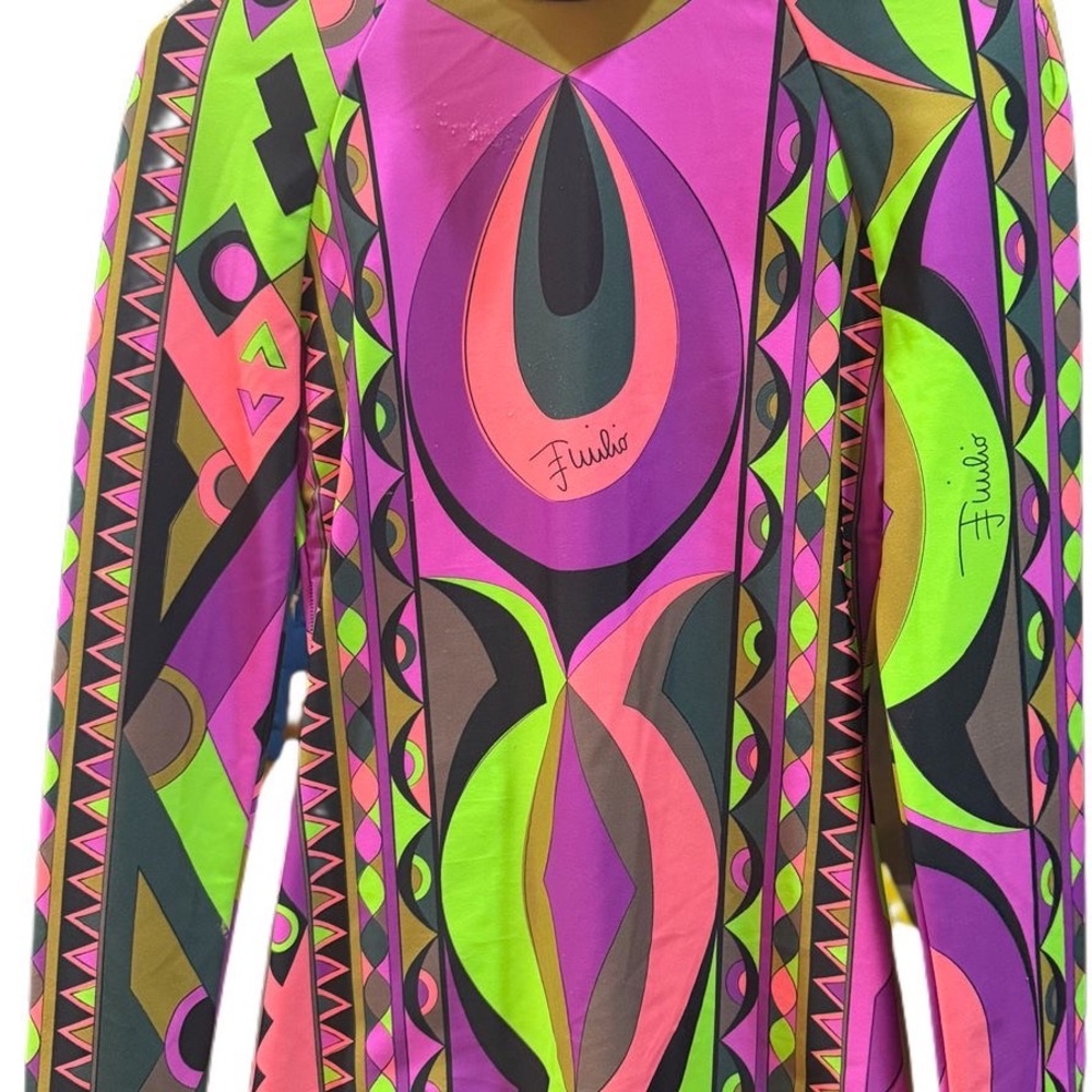 Emilio Pucci Neon Pink Multi-Color Geometric Print Blouse